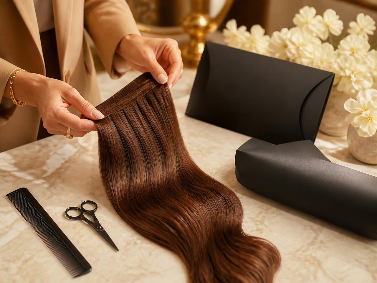 Stylist holding premium brown hair extension wefts on a marble salon counter