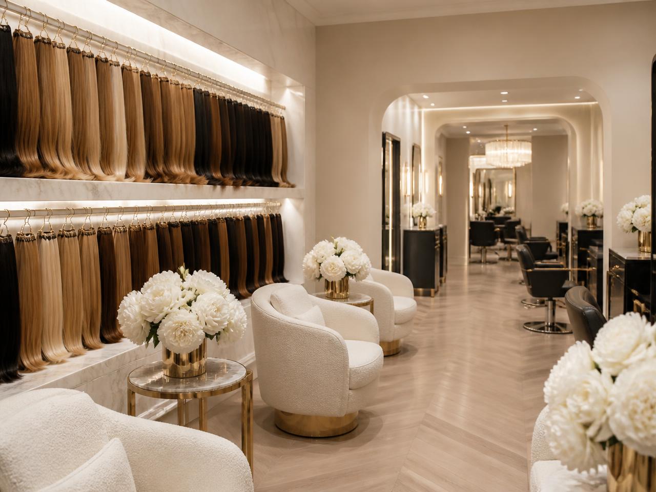 Luxury salon interior with rows of hair extensions displayed on marble shelving