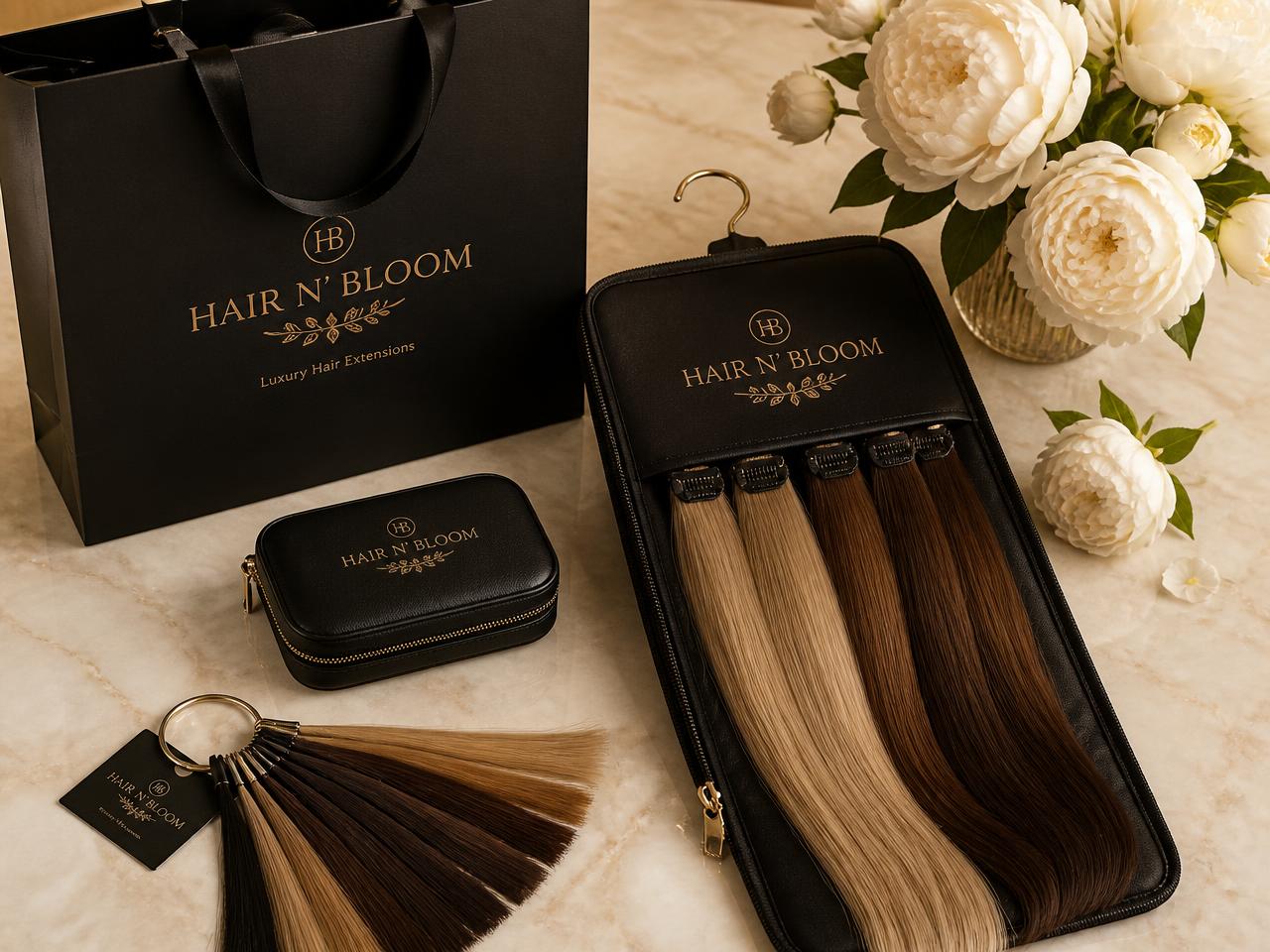 Hair N' Bloom Launch Package: branded bag, extension carrier, tool case and color ring on marble