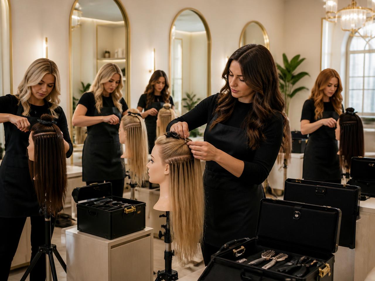 Stylists in a hands-on hair extension certification class working on mannequin heads